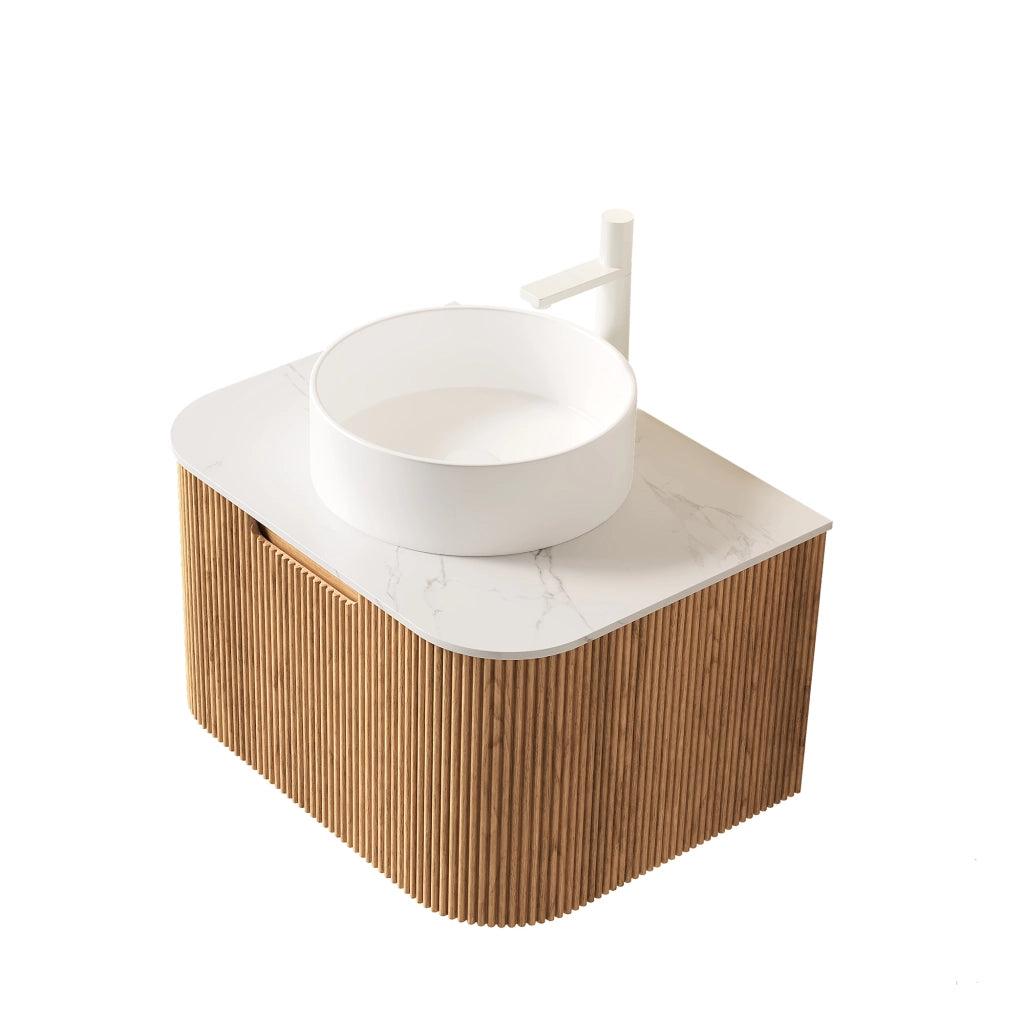 Mobile sottolavabo pensile con lavabo in ceramica e cassetto, per bagno, in legno naturale e bianco, 61 cm