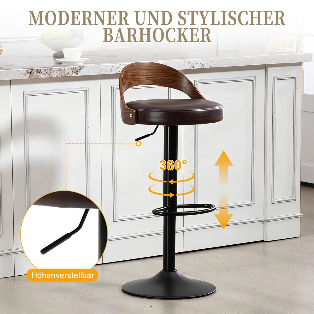 Set di 2 sgabelli da bar girevoli a 360° con schienale; altezza regolabile; in PU marrone; 42;5 × 42 × 77-98 cm