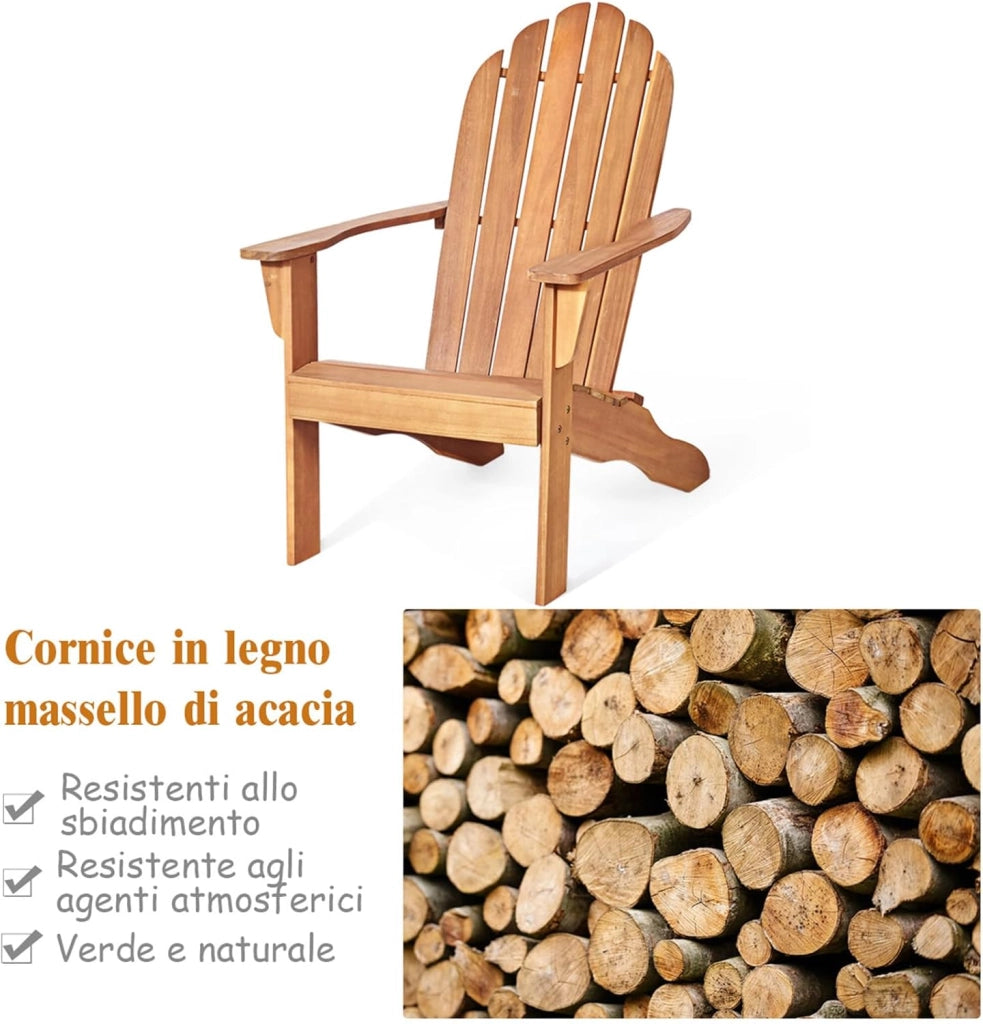 Adirondack Chair in Legno Massello da Esterno, Sedia a Sdraio Prendisole da Spiaggia, Ideale per Cortile, Giardino e Balcone, 69 x 88 x 103 cm (naturale)