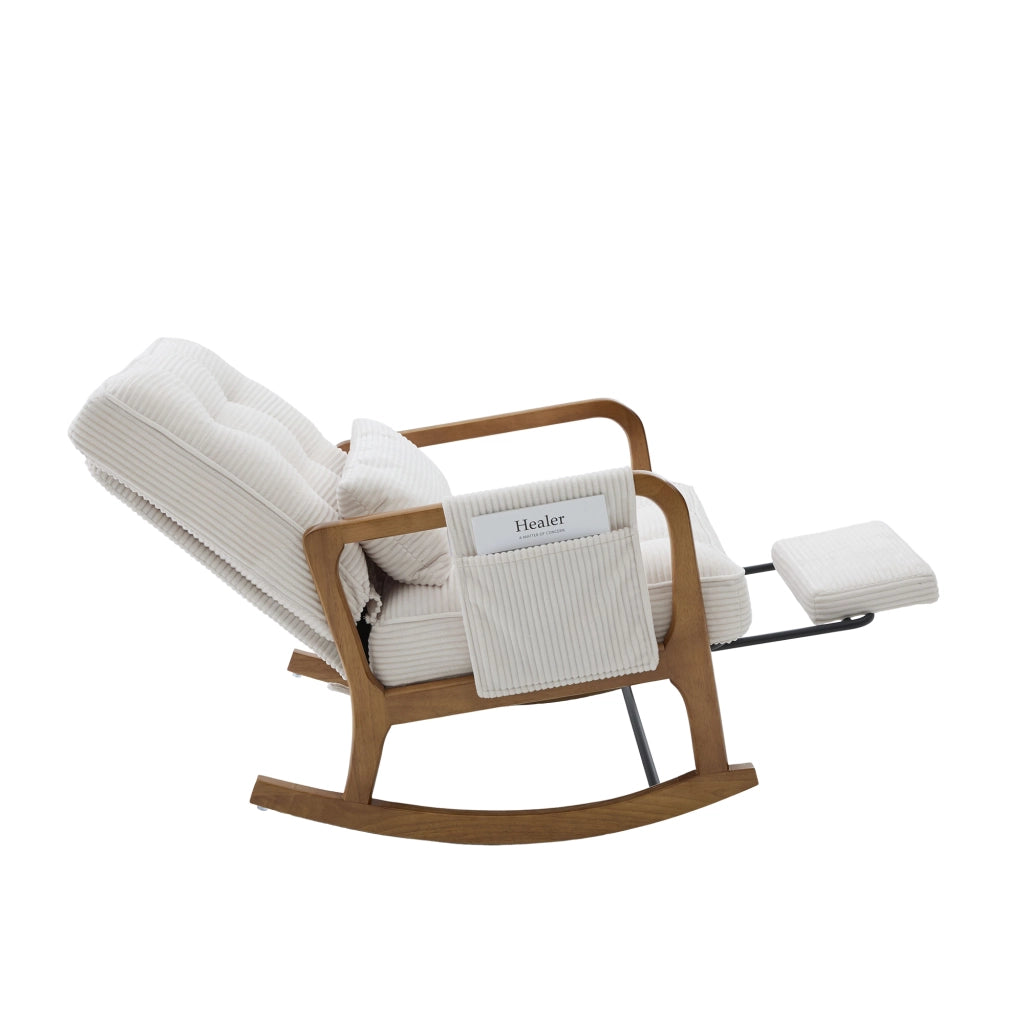 Poltrona a dondolo con poggiapiedi, tasca laterale, cuscino lombare e schienale reclinabile in velluto a coste beige