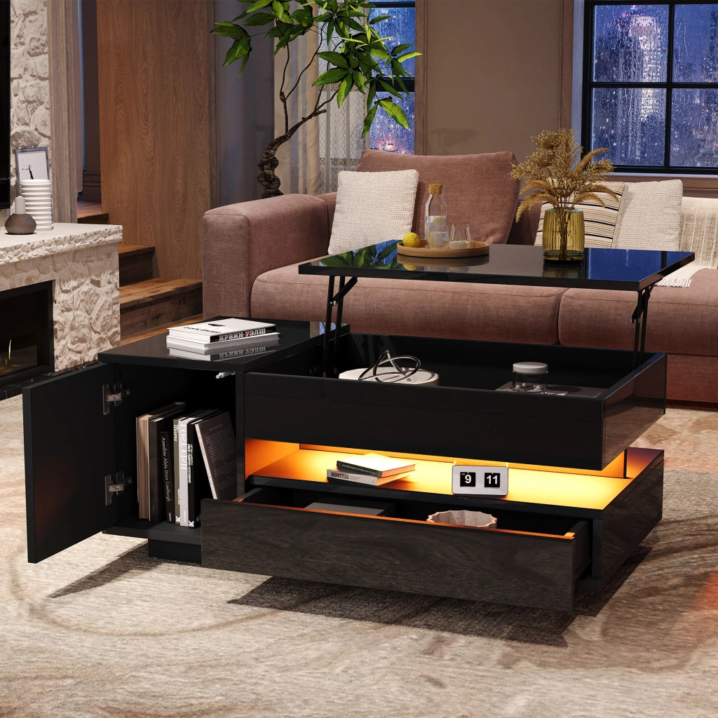Tavolino da Salotto Sollevabile con 1 Cassetto; 1 Armadietto e LED; Lucido; Stile Moderno; in Pannello di Truciolare; Nero