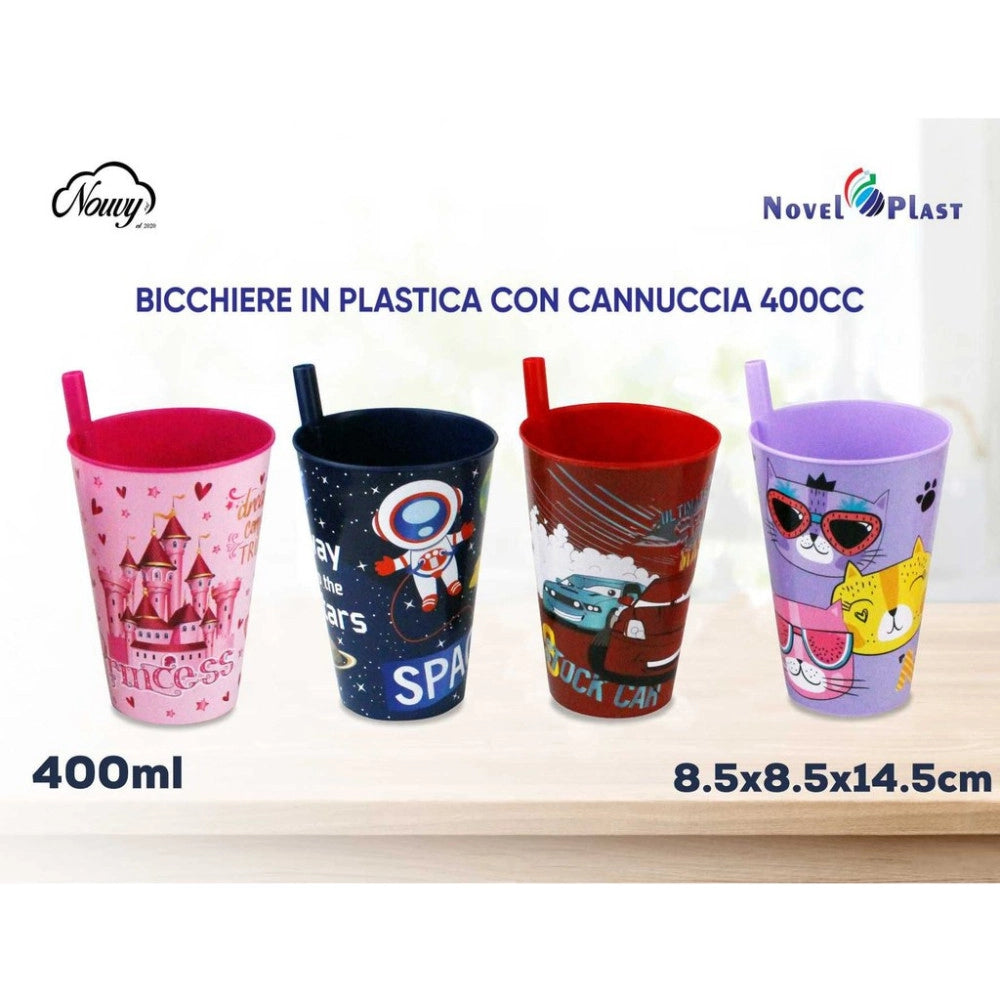 Trade Shop - Bicchiere Bambini In Plastica 400ml Con Cannuccia – Tazza Colorata Riutilizzabile Per Casa E Scuola -