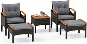Set Mobili da Giardino 5 Pezzi, Salotto da Giardino in Rattan PE con 2 Poltrone, 1 Tavolino e 2 Poggiapiedi, Cuscini Morbidi, Braccioli e Piano in Legno, per Cortile (Grigio)
