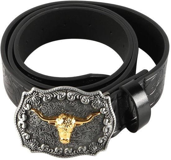 Cinturone da cowboy per uomo - Cinturone retro - Testa di toro in argento antico - Pelle - 120 cm - Disegno a rilievo fiori - Cinturone western