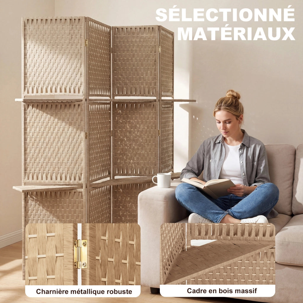 Libreria divisorio ¨C zephmum ¨C 4 pannelli 2 ripiani pieghevoli naturale paglia
