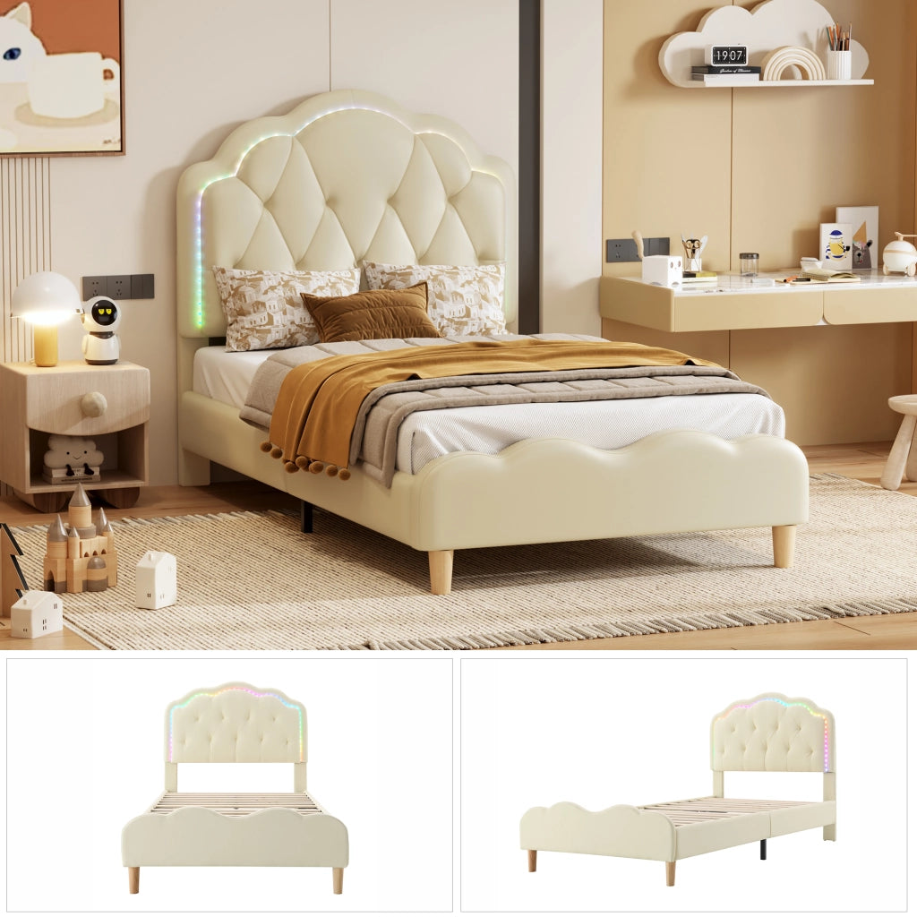 Letto per Bambini Letto Singolo con LED Multicolore e Testiera Ondulata 90×200 cm; senza Materasso; PU; Beige