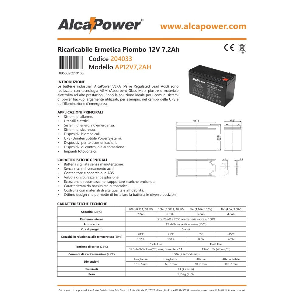 Alca power batteria al piombo da 12v 7,2ah ricaricabile per ups e illuminazione di emergenza