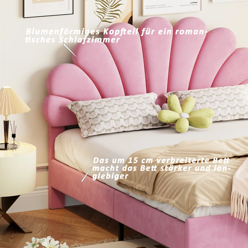 Letto matrimoniale imbottito 140x200 cm con testiera a fiori; velluto rosa; rete a doghe