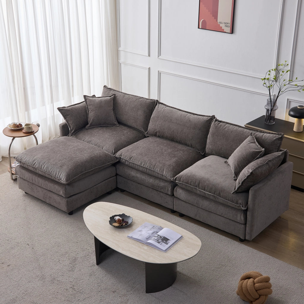 Divano modulare L con pouf mobile in chenille grigia, 3 posti, seduta con molle insacchettate e schiuma