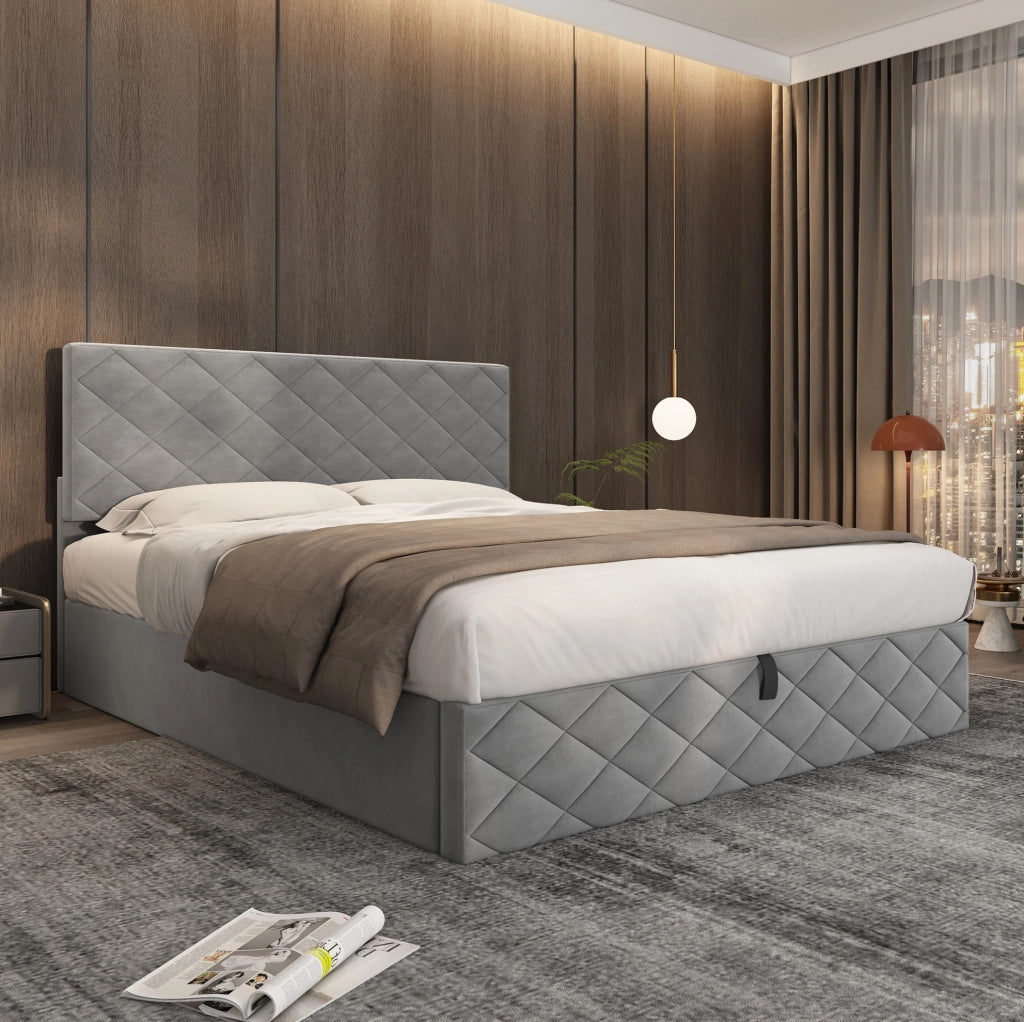 Letto 140x200 cm con alzata idraulica; rete a doghe e contenitore in velluto grigio