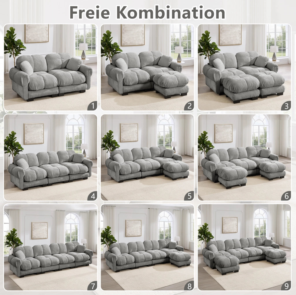 Divano modulare angolare a U 330x149x90 cm in ciniglia con pouf mobili; grigio chiaro