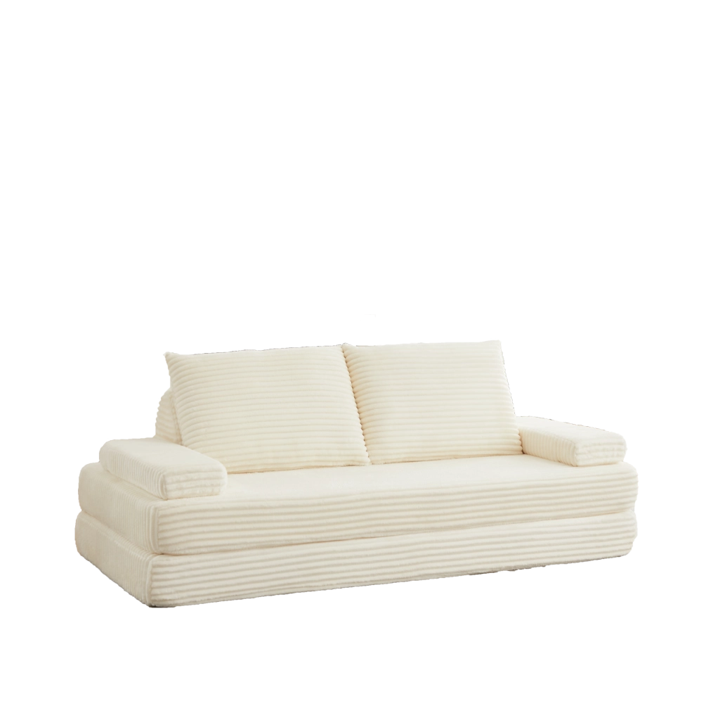 Divano modulare ULEVR 211,5 cm in velluto a coste beige con schienali triangolari e braccioli mobili