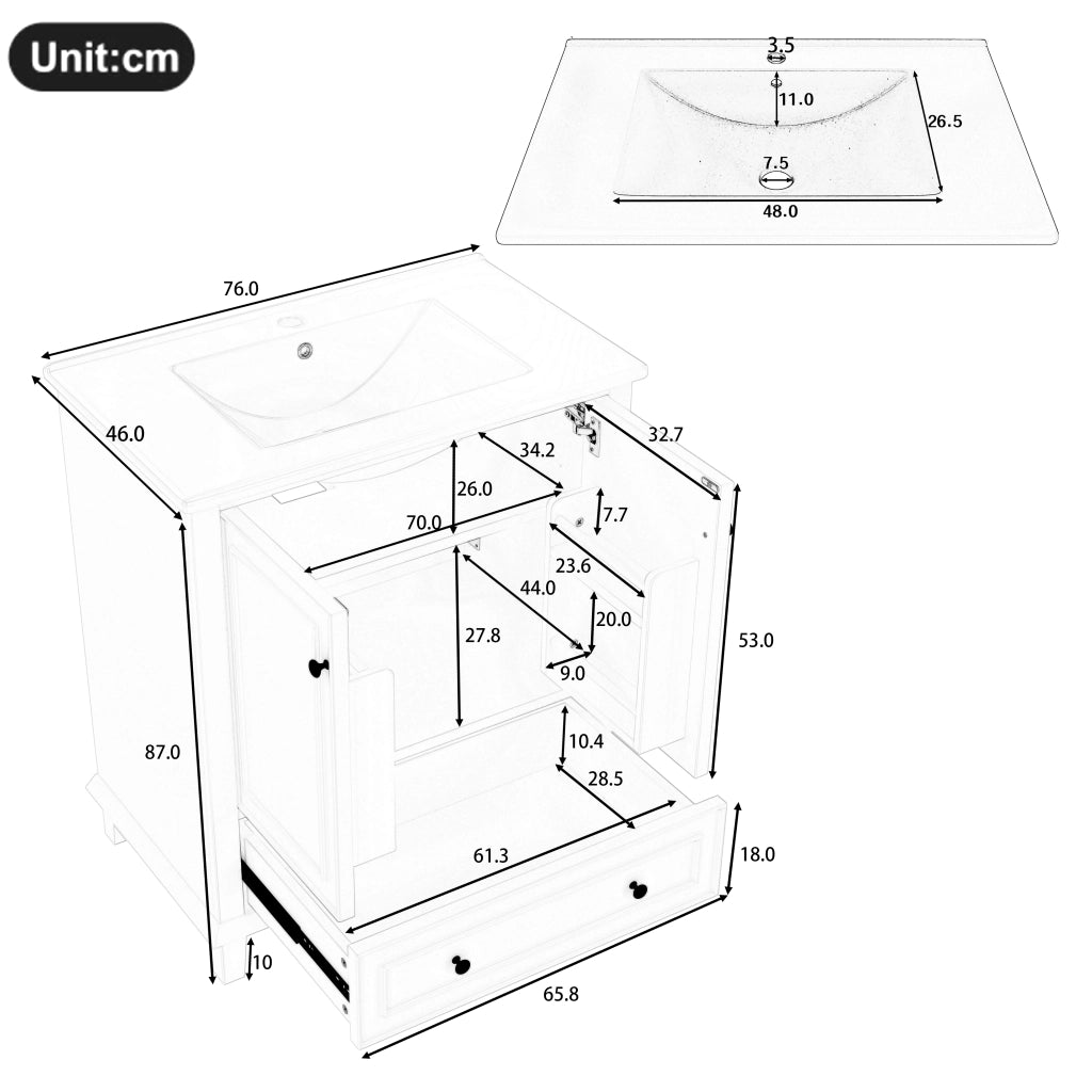 Armadietto da bagno con lavabo in ceramica, 2 ante e 1 cassetto, per bagno, in MDF e ceramica, grigio, 76 × 46 × 87 cm