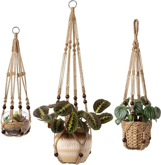 Set di 3 Pendenti Macramé per Piante Sospesi Supporto per Piante Sospese Corda di Juta con Perle senza Pennelli Corda di Juta, 58cm/73cm/89cm
