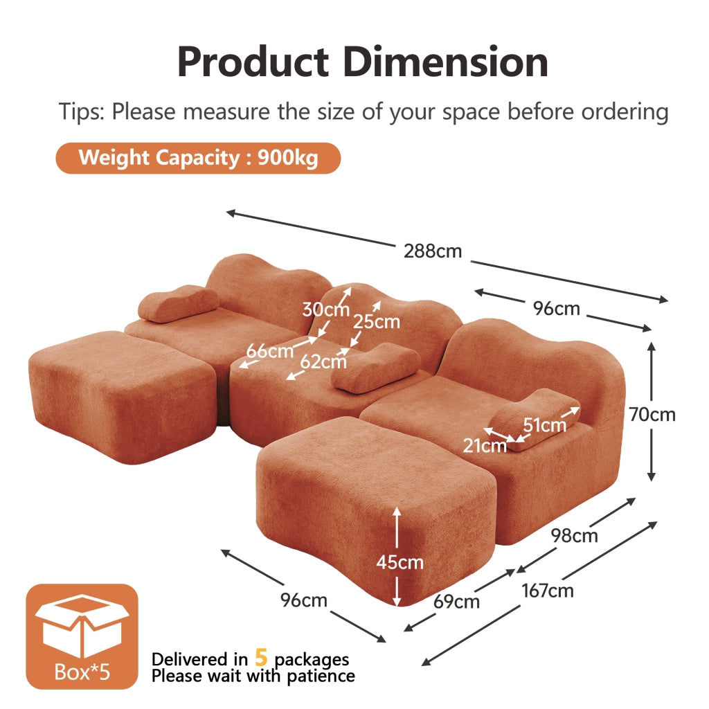 Divano modulare a U 3 posti con 2 pouf seduta profonda design ondulato braccioli mobili in velluto arancione