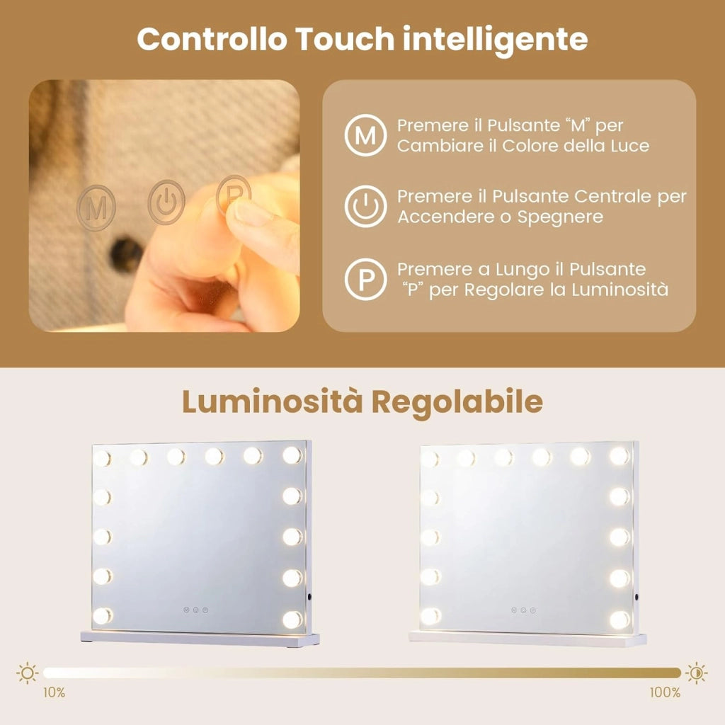Specchio per Trucco Illuminato, Specchio da Tavolo con 14 Luci LED e Specchio con Ingrandimento 5X, Specchio da Toeletta con 3 Colori e Luminosità Regolabile, 50x43 cm