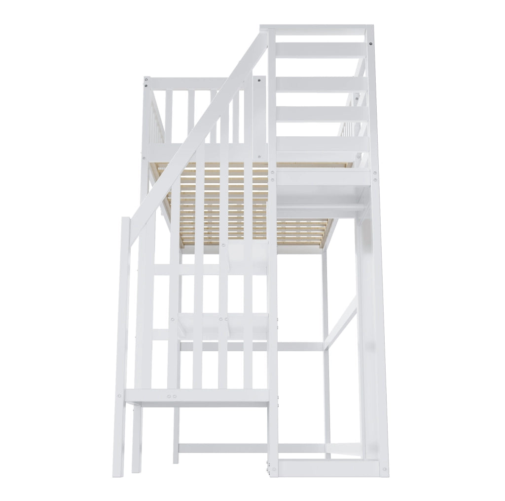 Hochbett singolo 90x200 cm in legno bianco con scala sicura e armadio integrato