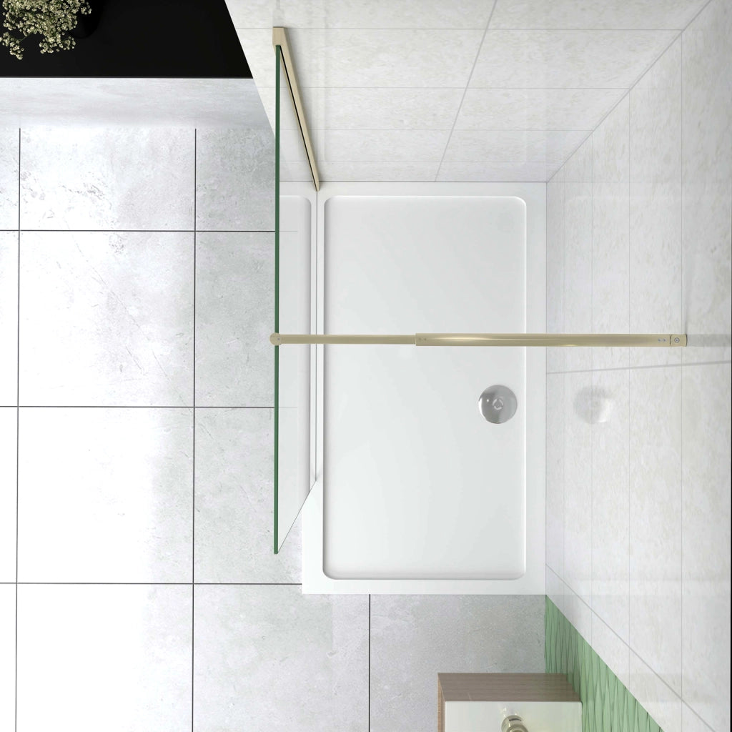 Box Doccia Walk In 90x200 cm Parete Fissa Vetro 10 mm Trasparente Anticalcare Oro Spazzolato Barra Stabilizzatrice 70-120 cm