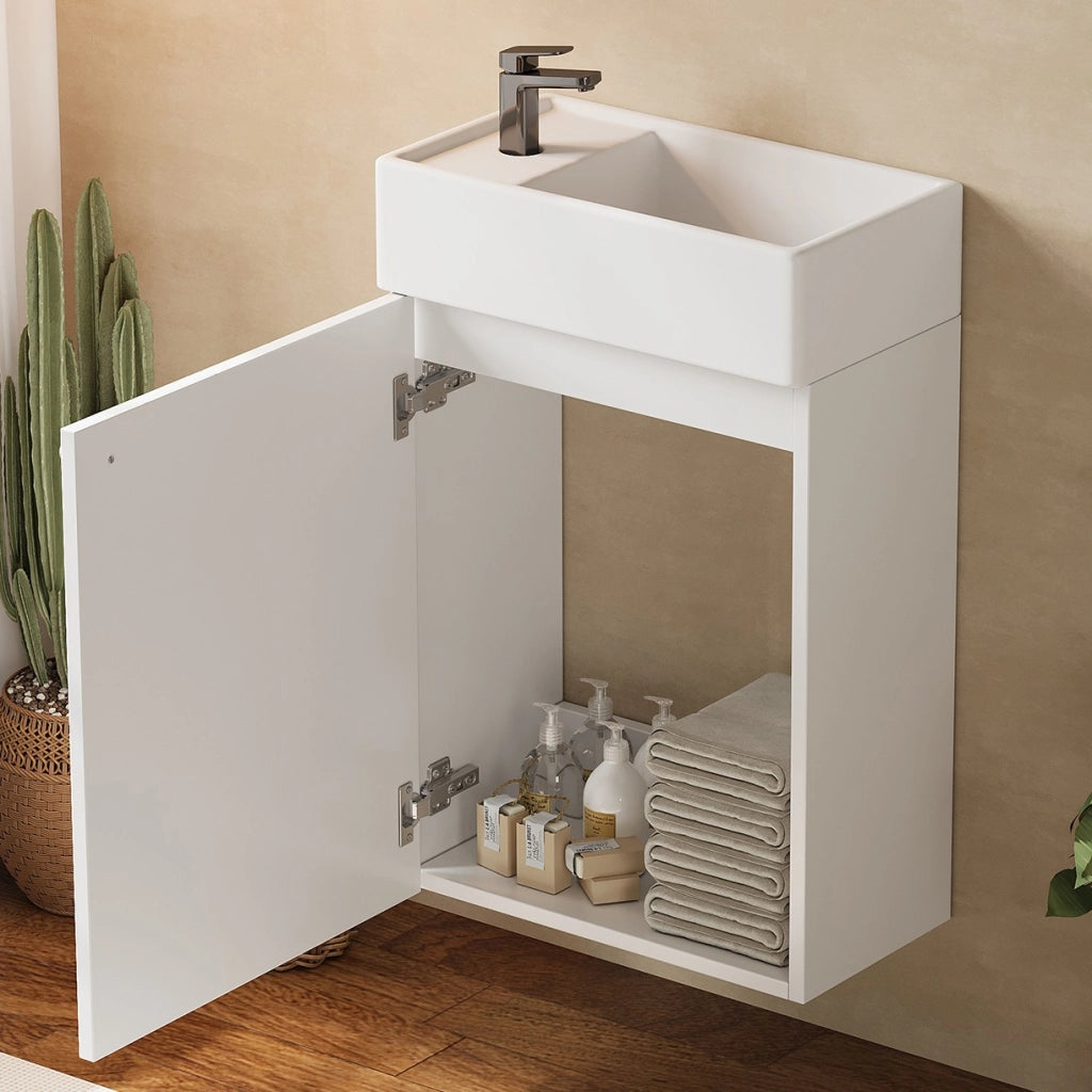 Mobile sottolavabo sospeso da bagno con 1 anta e chiusura soft-close, in MDF e ceramica, bianco, 41 × 23 × 62,5 cm