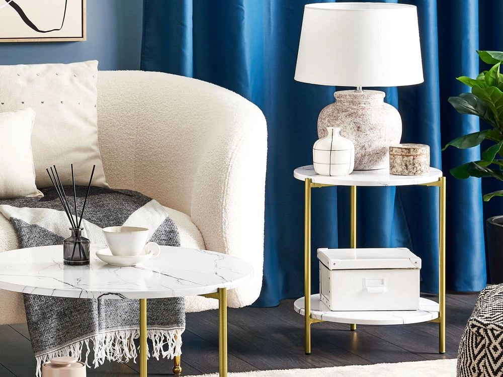 Tavolino bianco mdf dorato e metallo ⌀ 40 cm ripiano effetto marmo gambe moderno glam soggiorno