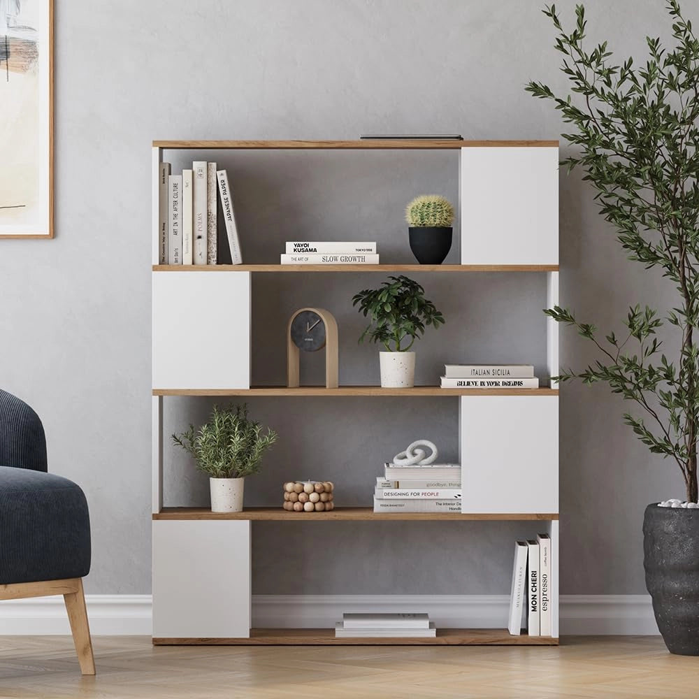 Divisorio per ambienti Eneos, Rovere bianco/dorato, 100 x 124.5 cm, utilizzabile come scaffale autoportante per una suddivisione flessibile degli spazi