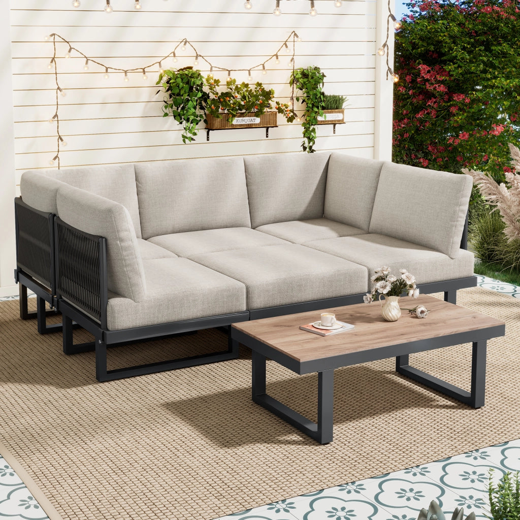 Set mobili giardino: sdraio + Divanooo angolare + lettino reclinabile + tavolino; trasformabile; acciaio; grigio