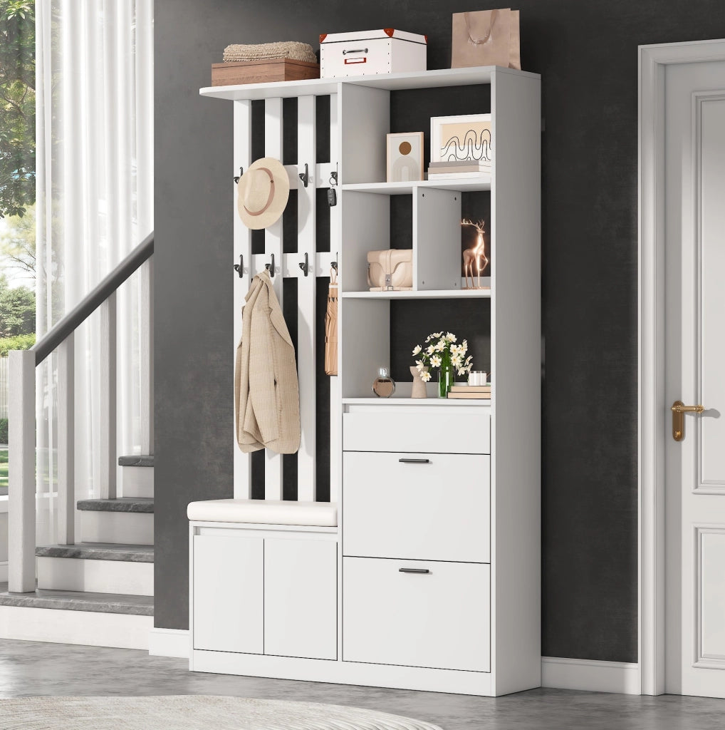 Guardaroba da ingresso 120x30x200 cm con panca imbottita e 10 ganci in MDF bianco