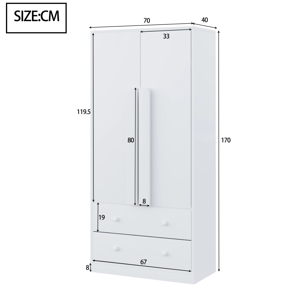 Armadio con 2 ante e 2 cassetti, 1 vano contenitore, per camera da letto, in legno, bianco, 70 × 40 × 170 cm