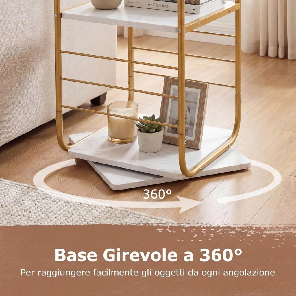 Supporto Giradischi Girevole a 4 Ripiani, Porta Dischi Rotante a 360° con Struttura in Metallo, Scaffale d'Angolo Salvaspazio per Casa, Ufficio e Soggiorno, 40x40x115 cm (Oro)