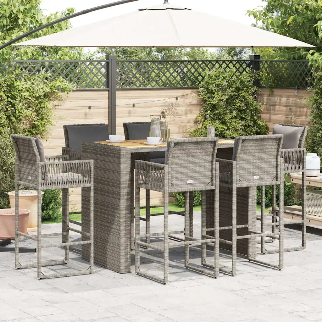 Set Bar da Giardino 7 pz con Cuscini Grigio Polyrattan Acacia 3328904