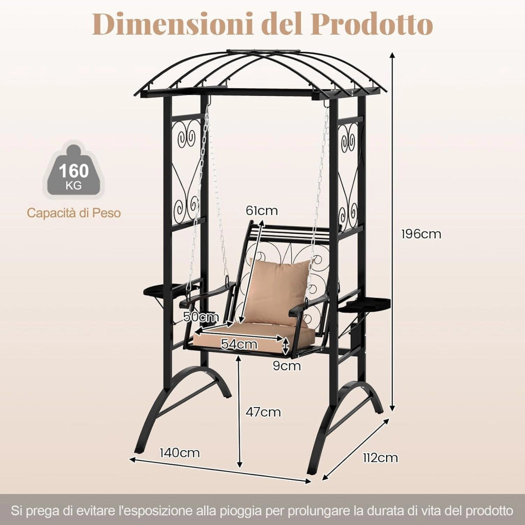 Sedia Sospesa da Esterno, Sedia a Dondolo Singola con Cuscini Removibili e Tavolini Laterali, Portata 160 kg, Altalena con Supporto e 2 Grigliati per Adulti per Giardino, Balcone e Cortile