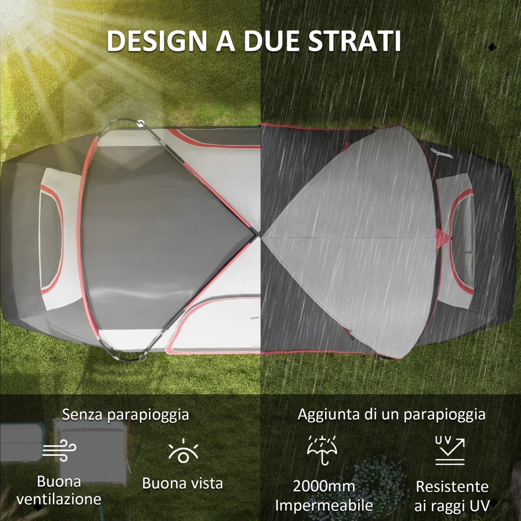 Tenda da Campeggio 450x215x180 cm 6 Posti con 2 Stanze Separate Grigio