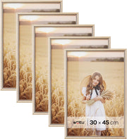 Cornice per Foto 30x45 cm Set di 5 da Parete e Tavolo, Portafoto con Cornice in Legno Massello e Pannello in Plastica, Collage Foto, Oro