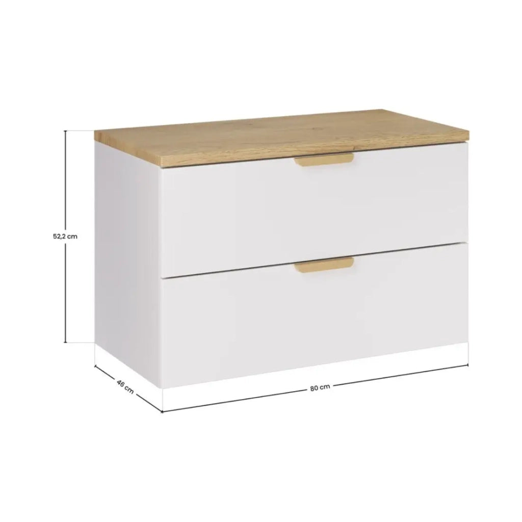 Set da bagno sospeso OSTER 80cm: mobile sotto lavabo con cassetti bianchi + piano per lavabo effetto rovere chiaro