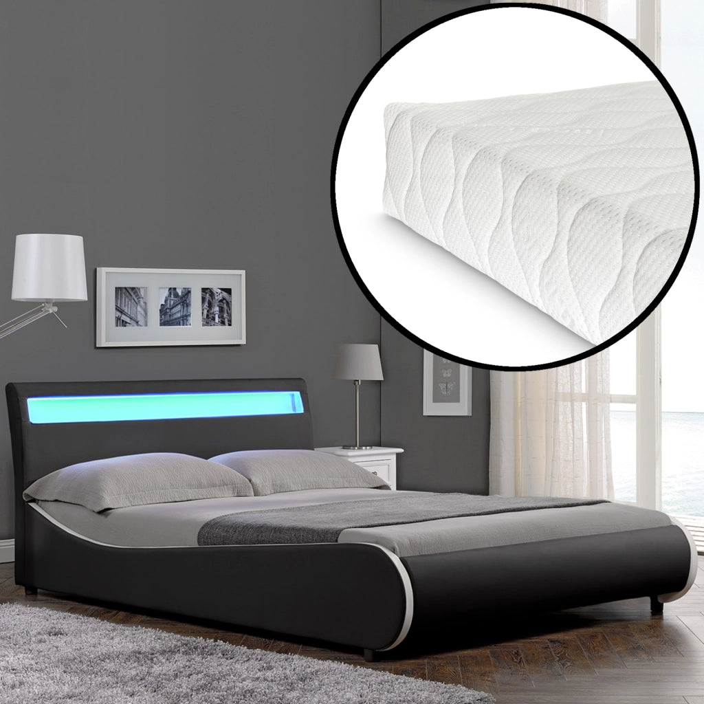 Letto Francese con Materasso 140x200 cm Testiera Alta con Illuminazione a LED Similpelle Nero Corium