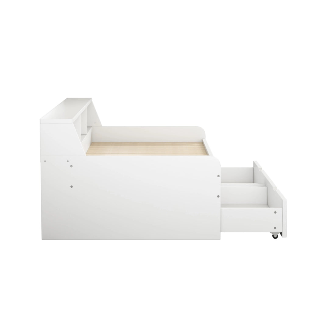 Letto da giorno 90x200 cm con 2 cassetti e vani contenitore; pino e MDF; bianco