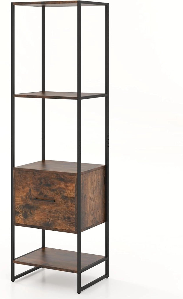 Scaffale a 5 livelli, libreria con 4 ripiani aperti e 1 cassetto, con kit antiribaltamento, 45 x 35 x 160 cm, scaffale portaoggetti per soggiorno, camera da letto, ufficio (marrone)