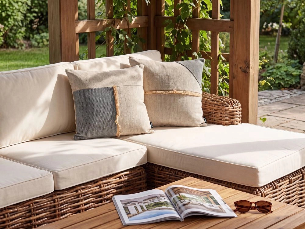 Set di 2 cuscini da esterno beige in poliestere per giardino con bordo sfrangiato in stile moderno
