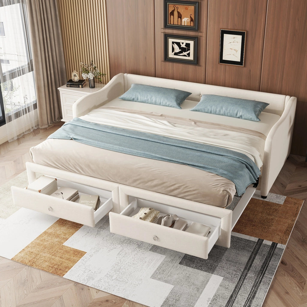 OKWISH Letto a Scomparsa 90×200 cm, Letto Singolo con Letto Estraibile, 2 Cassetti e Spazio Contenitore, senza Materasso, Lino, Beige
