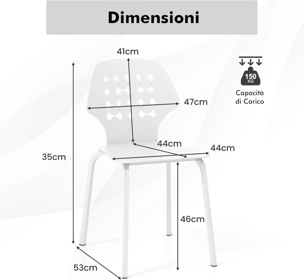Set di 4 Sedie da Pranzo in Metallo, Sedie da Cucina Moderne con Schienale Traforato e Gambe in Metallo, Sedie senza Braccioli per Sala da Pranzo, Soggiorno, Portata 150 kg (Bianco)