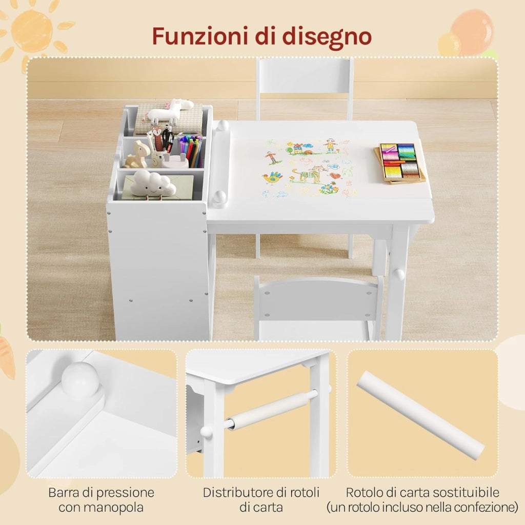 Tavolino Bambini con 2 Sedie, 3 in 1 Scrivania Cameretta in Legno, con Ripiano a 3 Livelli, Portarotolo di Carta e Contenitore Rimovibile, per Asilo, Bianco