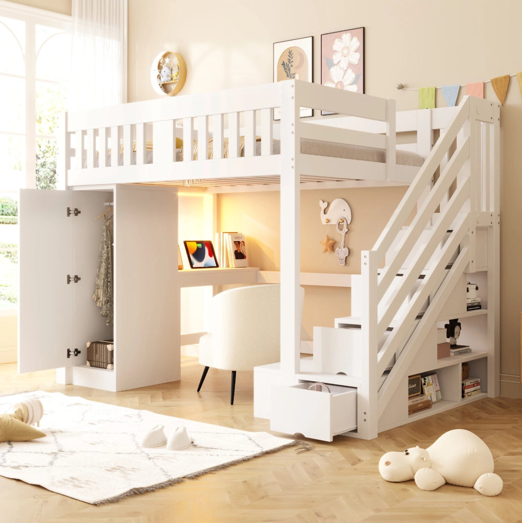 Letto a soppalco multifunzione 140x200 cm bianco in legno con scrivania; LED e contenitori