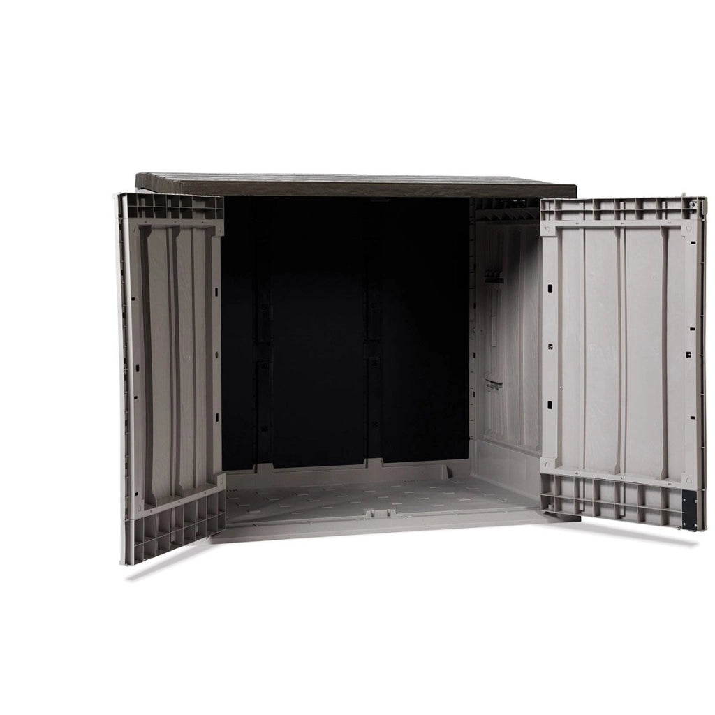 Baule porta attrezzi e bidoni da esterno Stora Way Plus XL 1270 litri in resina con doppia anta e apertura assistita colore grigio talpa e marrone Toomax