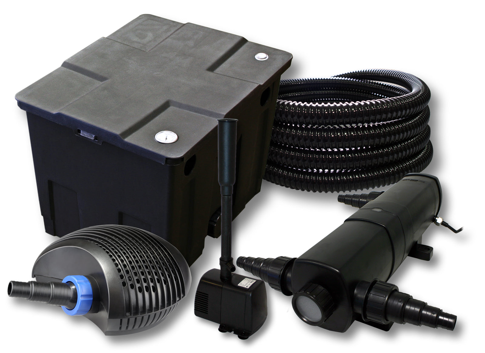Set filtro per laghetto da 12000l Chiarificatore 36W Pompa CTF ECO 40W Tubo 25m Fontana