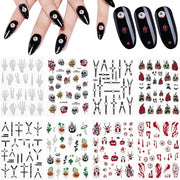 Nagelstickers con design 5D con motivi spettrali e gotici - Spettri horror e ragni sanguinolenti - Motivi di zucca e teste di morto - Decals di arte per unghie per donne con 8 fogli