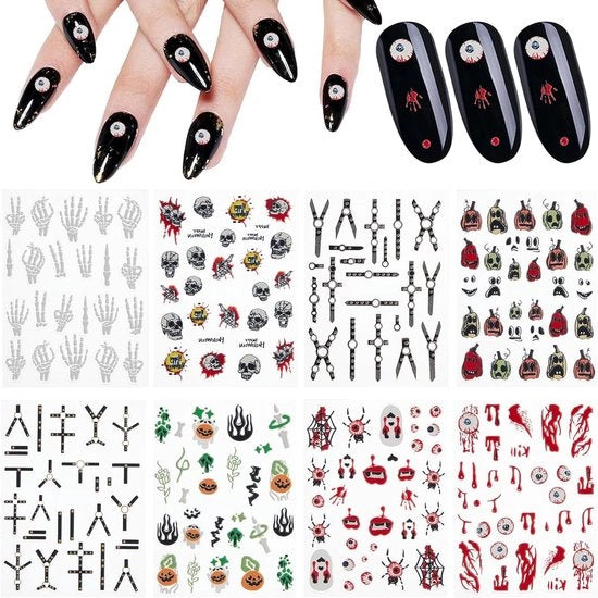 Nagelstickers con design 5D con motivi spettrali e gotici - Spettri horror e ragni sanguinolenti - Motivi di zucca e teste di morto - Decals di arte per unghie per donne con 8 fogli