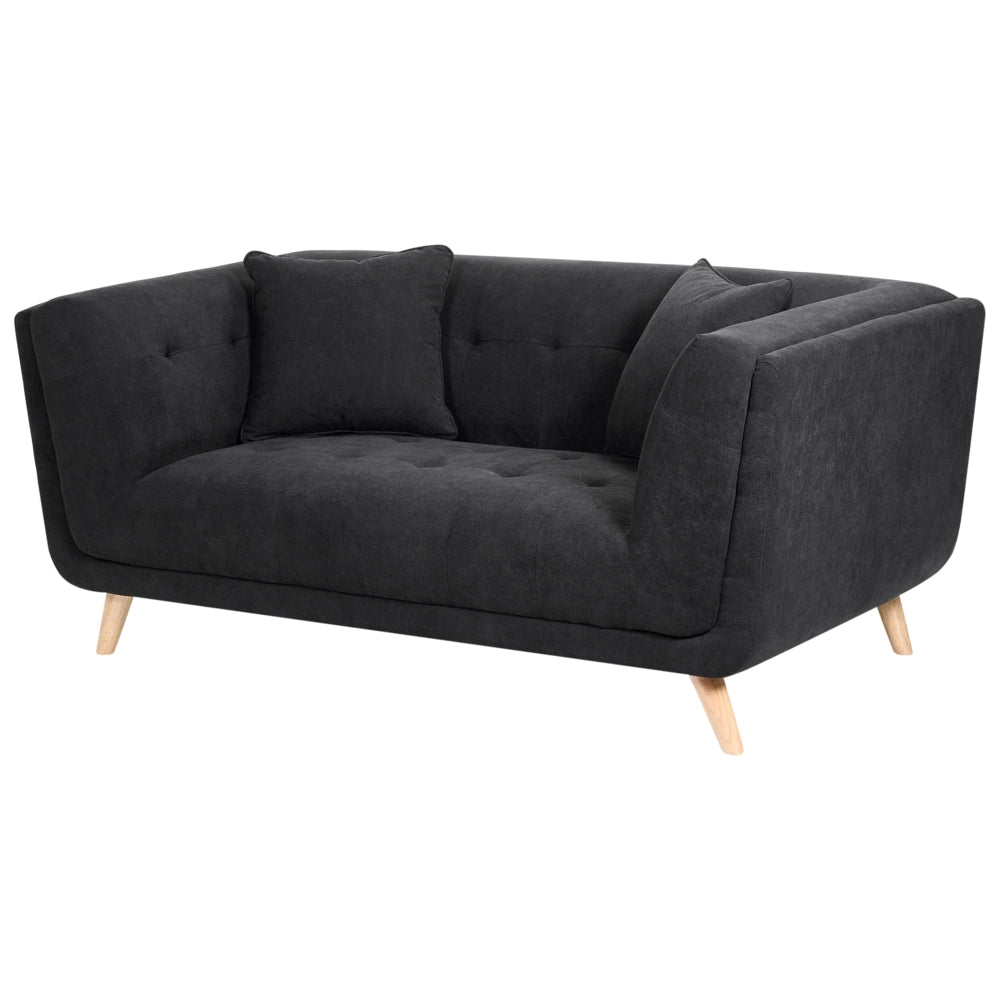 Divano a 2 posti in tessuto con cuscini decorativi gambe in legno e trapuntatura decorativa stile retrò nero