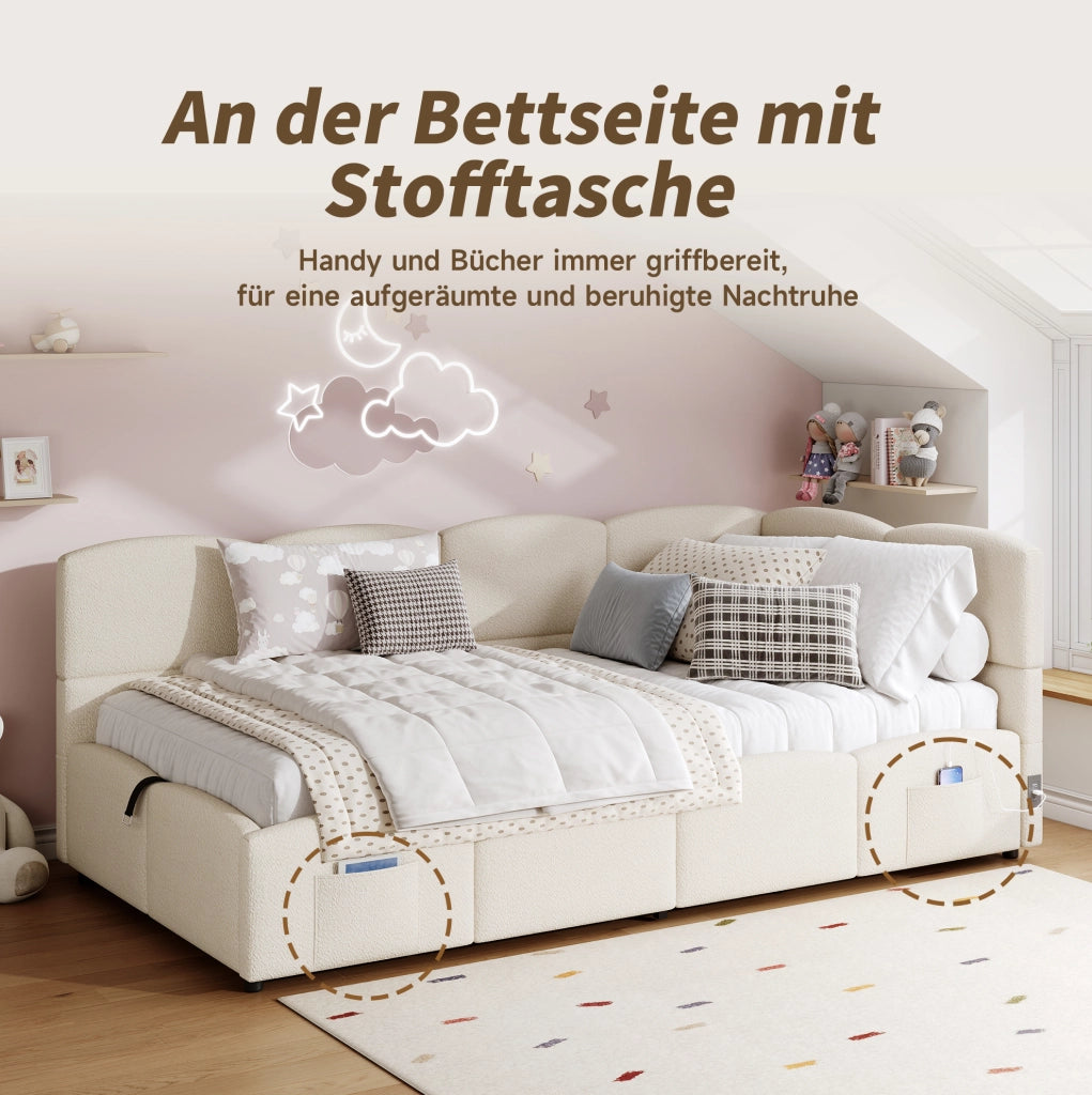 Letto singolo contenitore 90x200 cm in bouclé beige con USB
