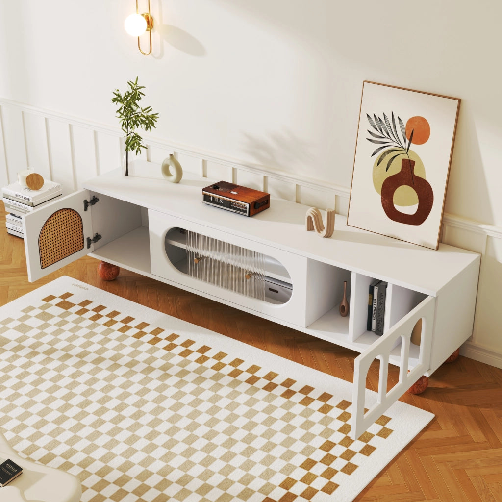 OKWISH Mobile TV con Ante Decorative e 3 Vani Aperti, Anta Scorrevole in Vetro, per Soggiorno, 170 x 47 x 37 cm