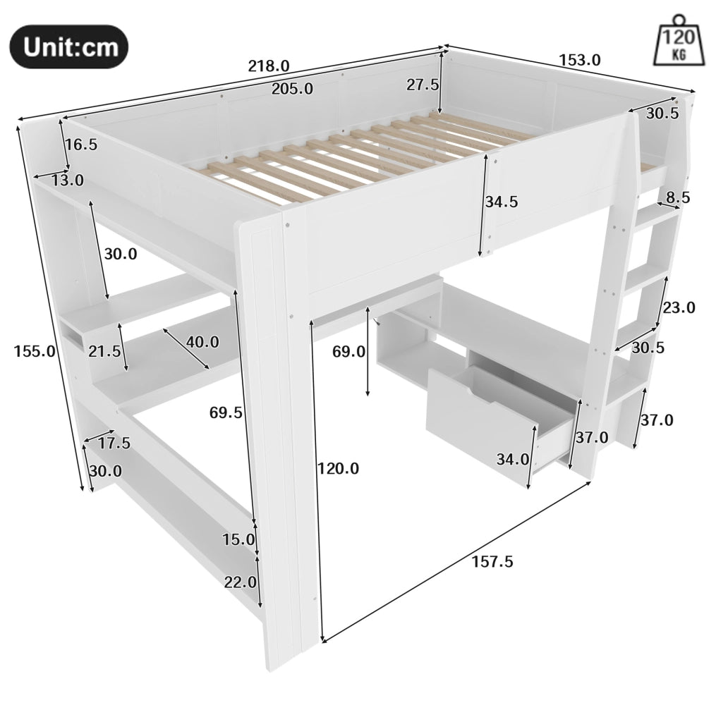 Letto a soppalco 140x200 cm con scrivania; LED e cassetto in pino; bianco